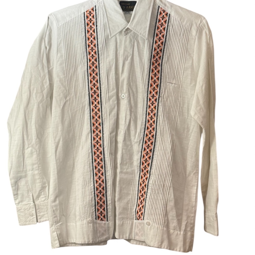 Men's Linen White and Orange Embroidered Button Down Shirt